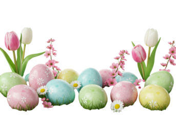 Vibrant pastel porcelain Easter eggs nestled in lush green grass with daisies, pink blossoms, tulips; transparent background, joyful spring Easter atmosphere.