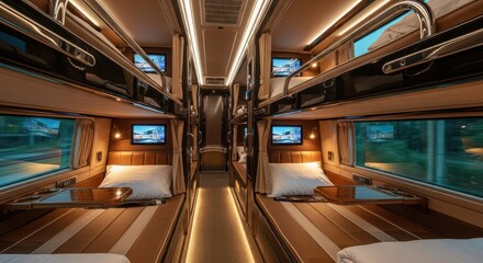 Fototapeta premium Luxurious sleeping berths line the narrow aisle of a modern sleeper carriage