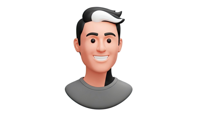 3D Cartoon Avatar with Black and White Hair and Grey T-shirt - Powered by Adobe