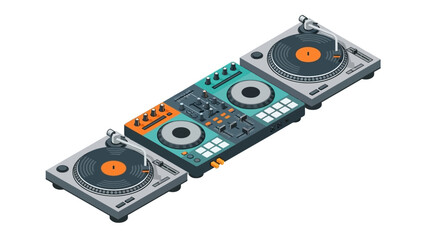 Fototapeta premium DJ controller with turntables and mixer on a white background viewed from above