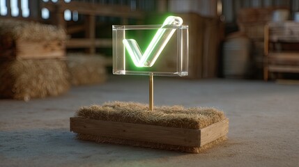 Neon Checkmark Sign Illuminated in Rustic Barn Setting with Wooden Base and Straw
