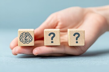 A hand holds wooden blocks one brain, two question marks. Conceptual thinking imagery