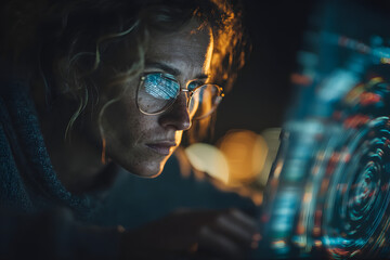 an office worker typing on their laptop, with holographic images or symbols emerging from the screen to represent security and data protection Generative AI