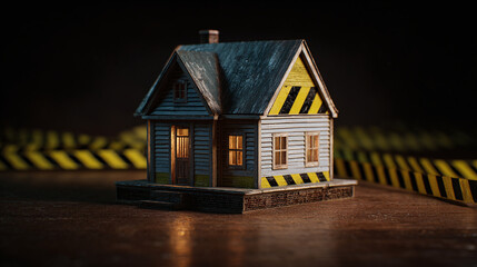 A miniature house with hazard tape, set against a blurred background. The house is a model, showing caution with hazard tape around the premises