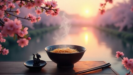 Serene sunset meal by the river