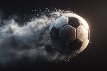 Fototapeta premium A soccer ball streaks through the air, leaving a trail of particles against a dark backdrop