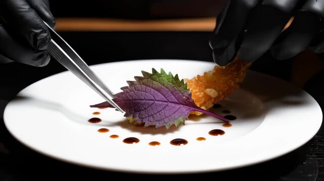 Chef Garnishing Tempura Shrimp With Edible Leaf on a White Plate