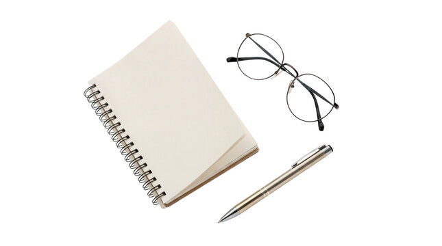 overhead shot of a spiral notebook with a pen and glasses on a transparent background, representing a study or work setup, professional and minimalist.