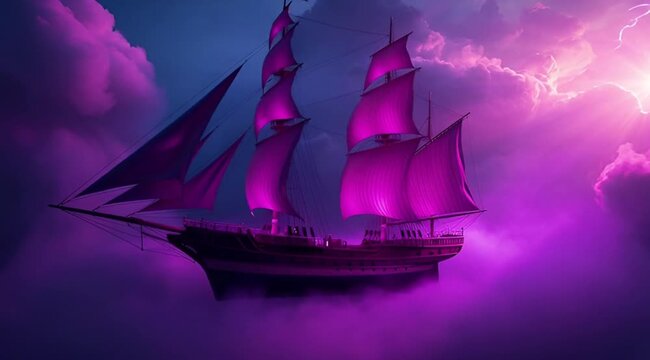 Surreal Sailing Ship in Clouds: Majestic Purple Sailboat Floating Among Pink and Purple Skies
