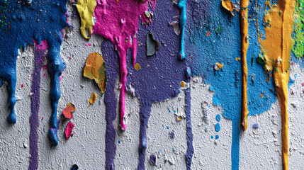 Vibrant colors of paint dripping down a textured surface, creating an abstract and artistic display. The splatters and runs create a dynamic visual impact
