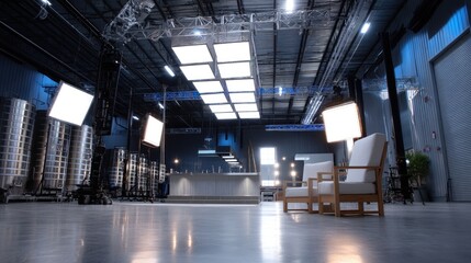 Modern studio interior with lighting setup and empty wooden chair in spacious film production environment