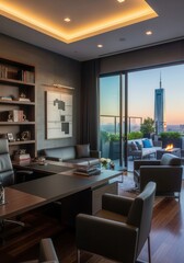 Fototapeta premium Upscale executive office with modern design opens onto a high-rise balcony overlooking a cityscape at sunset