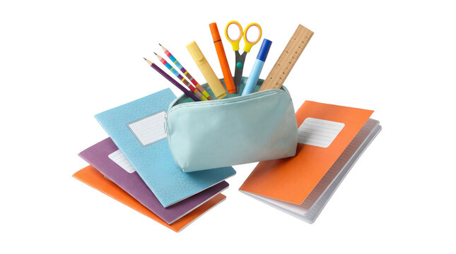 brightly colored school supplies spill from a teal pencil case onto a pile of assorted notebooks and a ruler, emphasizing learning and creativity.