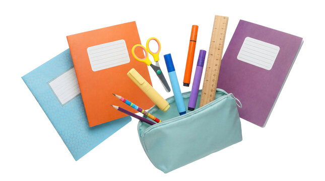 colorful school supplies spilling from a teal pencil case onto a collection of notebooks and a ruler, representing education and creativity.