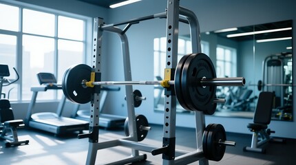 Modern gym interior with loaded squat rack and cardio machines in daylight