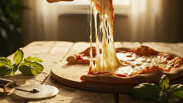 Hand Pulling Slice of Pizza With Melted Cheese From Freshly Baked Pizza
