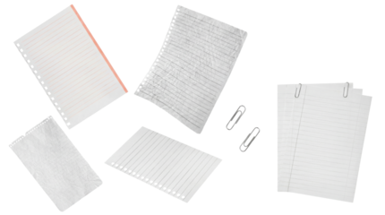 scattered sheets of lined paper and paperclips on a transparent background, top-down view.