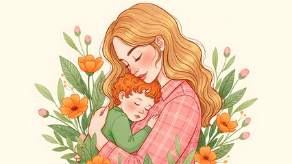 Mother and child surrounded by vibrant flowers