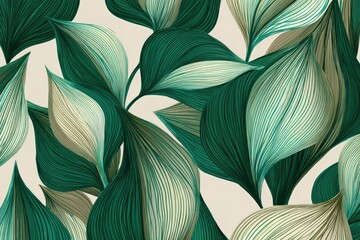 Artistic depiction of stylized leaves in various shades of green against a neutral backdrop