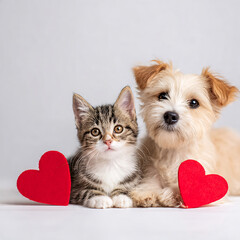 Cute kitty and dog with heart decorations on white background, Valentine's Day concept, copy space