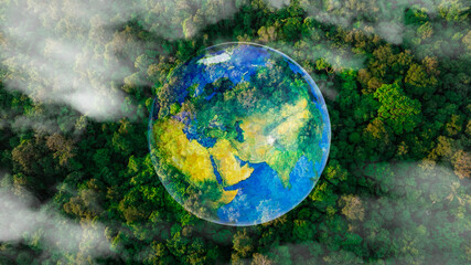Aerial view of planet Earth globe superimposed on lush green tropical forest with white clouds, environmental conservation and global sustainability concept.