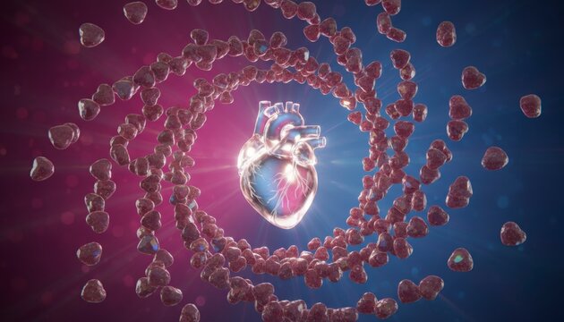 Glowing Anatomical Heart Surrounded by Swirling DNA Helix Structure - Powered by Adobe