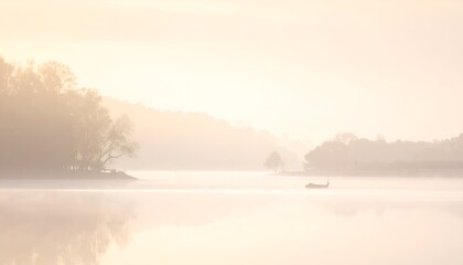 Obraz premium Dreamy, hazy lake scene at dawn, boat, trees reflected in water
