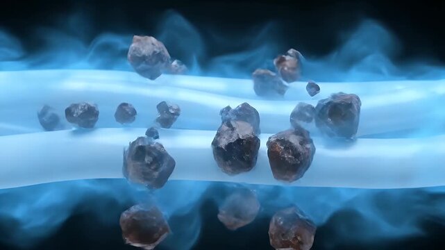Anti-Glycation Process Animation with Flowing Cream and Brown Crystal Cubes on Dark Background Anti Aging Effects
