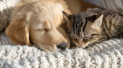 loyal. Golden retriever puppy nuzzling tabby kitten, capturing heartwarming animal friendship. wildlife magazines, conservation campaigns, designed for nature documentaries and education.