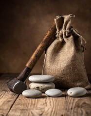 Sledgehammer leans against burlap sack and smooth stones on wood