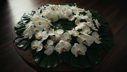 Elegant wreath of white orchids and large tropical leaves on a dark table.
