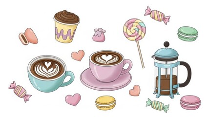 Cozy coffee and sweet treats arrangement with latte art