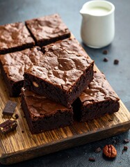 Slices of rich, fudgy chocolate brownies on wooden board with cream