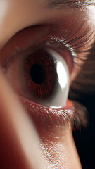 A close-up view of a human eye capturing the intricate details of the iris and surrounding facial features in a dramatic lighting setup