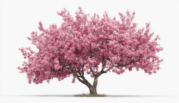 Large tree with profuse pink blossoms against a white backdrop
