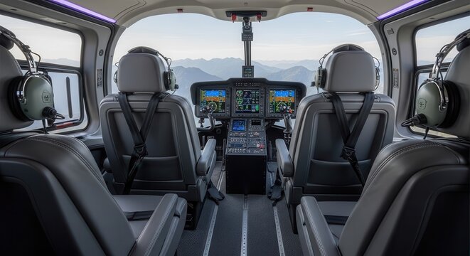 Interior view shows modern cockpit instrumentation and passenger seating inside an aircraft cabin