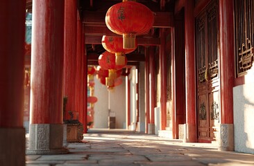 Long corridor with red pillars, lanterns hanging from ceiling, traditional architecture