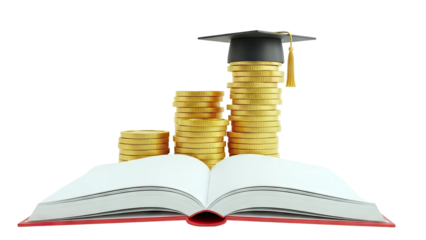 Education Investment Concept: Graduation Cap on Stacked Coins with Open Book