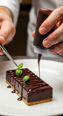 A chef's hands delicately drizzling chocolate sauce on a brownie dessert with mint leaves on a white plate