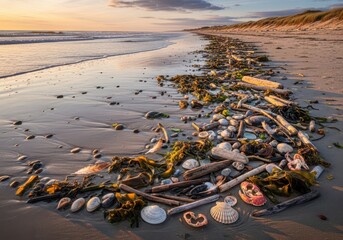 Seashells driftwood and seaweed scattered on a sandy beach at sunset with waves gently lapping the shore