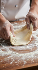 A person is making dough on a wooden table from a close-up viewpoint.