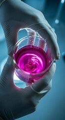 Scientist holds glowing purple liquid in a glass container in a laboratory setting