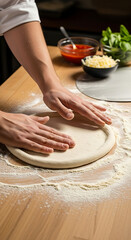 Preparing Pizza Dough on a Floured Kitchen Counter