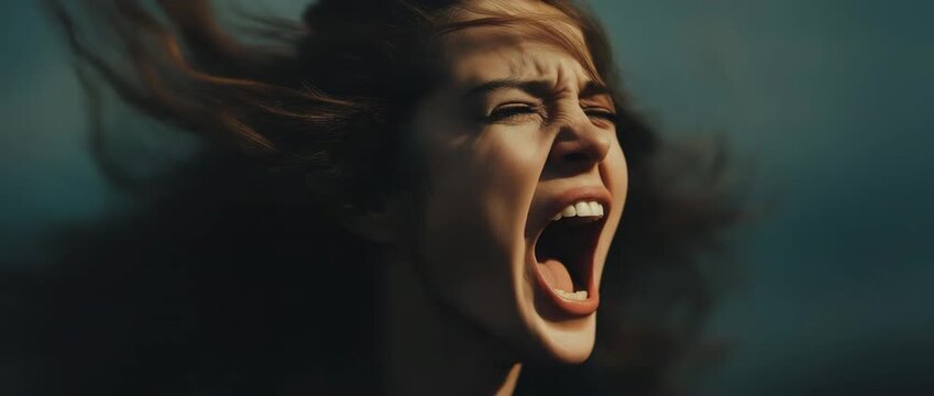 A lady screaming and having her hair blow up in a dramatic depiction of strong emotion