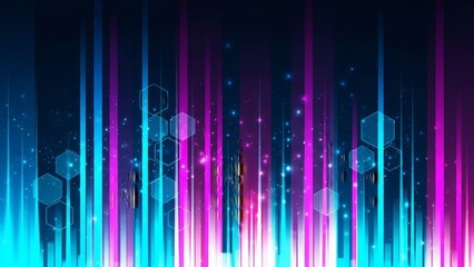 Neon Glow Abstract Data Stream with Hexagons and Colorful Lights.
