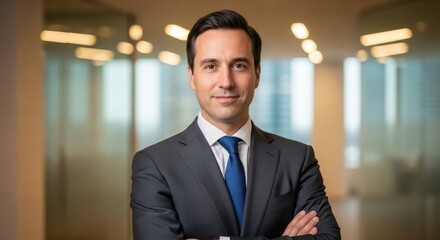 Fototapeta premium Professional male executive poses confidently with arms crossed in a modern office setting