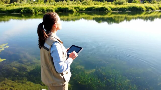 Environmental scientist using tablet for water quality research