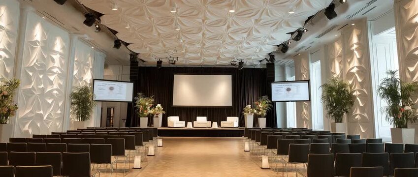 A speaker and stage are set up in the conference room for the presentation.