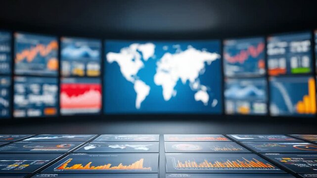 Global Data Visualization: A digital interface displays a dynamic world map and interconnected data streams, symbolizing the intricate network of information.