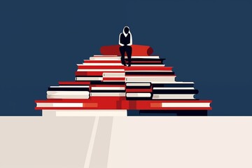 A boy sitting on a bunch of books, concept art